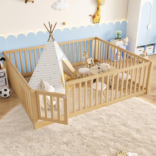 Image of Bellemave Queen Size Kids Montessori Floor Bed with Door,Solid Wood Floor Bed Frame with High Fence for Girls,Boys,Natural