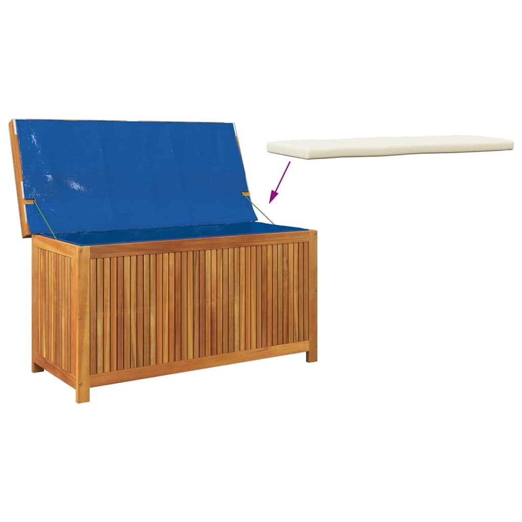 Scatola per cuscini esterni in acacia massiccia, 113 x 50 x 60,5 cm | Stoccaggio da giardino, borsa impermeabile integrata, doghe aperte, coperchio antipolvere