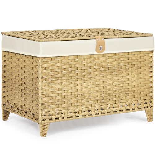 Wicker Storage Basket with Lid, 200L Storage Bin with Removable Liner Bag