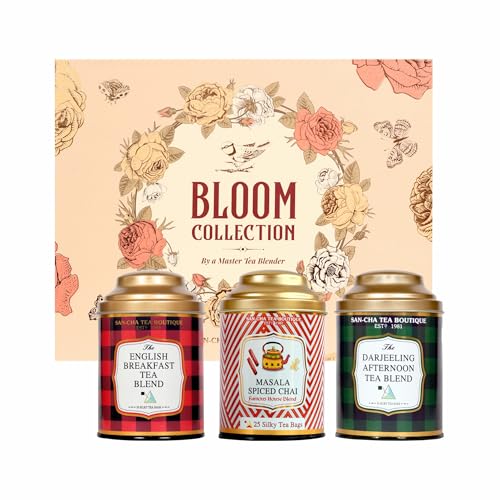Image of Sancha Tea Boutique, Bloom Collection Tea Gift Box | English Breakfast, Darjeeling & Masala Chai | 3 x 25 Pyramid Tea Bags | Premium Floral Gift Box with Golden Ribbon & Carry Bag