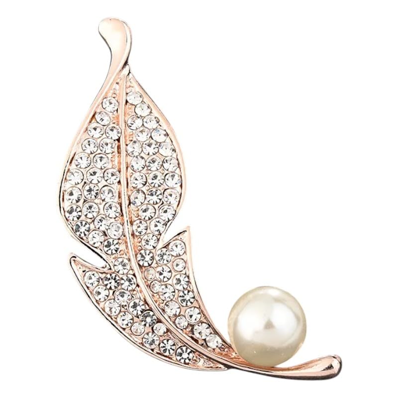 Rose Gold Crystal Feather Leaf with Pearl Brooch Pin, Alloy, Modern, 4x4x2 Centimeters, Lobster Claw Clasp-image-43