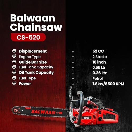 Image of Balwaan Krishi Petrol Chainsaw | 52cc 2-Stroke Engine | 18 inch Guide Bar | 0.55L Fuel Tank | Heavy-Duty Wood Cutting Tool for Farming, Tree Felling, Branch Trimming & Outdoor Use |CS-520