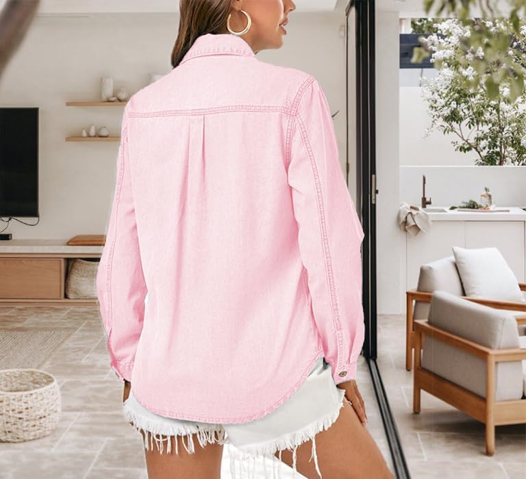 Denim Shirt Women Button Down Long Sleeve Chambray Western Jean Shirts Collared Casual Denim Tops - Image 6