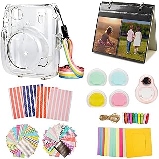 MUZIRI KINOKOO Mini 11 Accessories Bundle for Fujifilm Instax Mini 11 Protective Case with 8 Useful Accessories Camera Bag Kit, 4 Colors Filter Lens-Transparent case+Pink Selfie Lens
