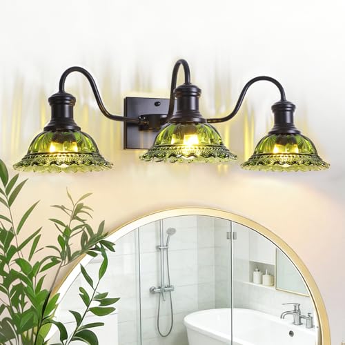 Image of Vintage Vanity Lights 3-Light, Black Bathroom Lights with Green Shade, Glass Bathroom Light Fixtures Over Mirror, Farmhouse Wall Sconce for Bathroom, Vanity Table, Entryway, Hallway