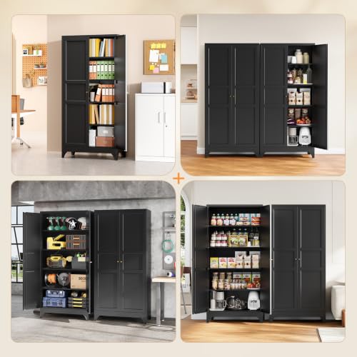 Image of Yizosh Metal Storage Cabinet with 2 Doors and 4 Adjustable Shelves,- 72 inch Black Kitchen Pantry Storage Cabinet for Kitchen,Living Room,Dining Room