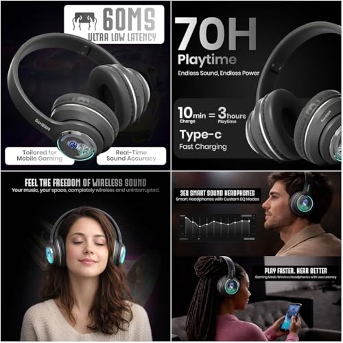 Image of GameSir Astro Junior Wireless Headphones with 40mm Drivers, Deep Bass Stereo Sound, Bluetooth 5.3, Over-Ear Noise Isolation Headset with LED Light, Built-in Mic for PC, Mobile & Laptop (Black)