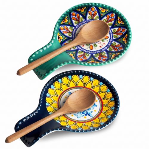 Image of Ceramic Spoon Rest for Stove Top, Bohemian Style 7.7 Inch Large Spoon Holder for Kitchen Counter, Heat-Resistant Cooking Utensil Rest for Spatula, Ladle and Tongs, Dishwasher Safe, Set of 2