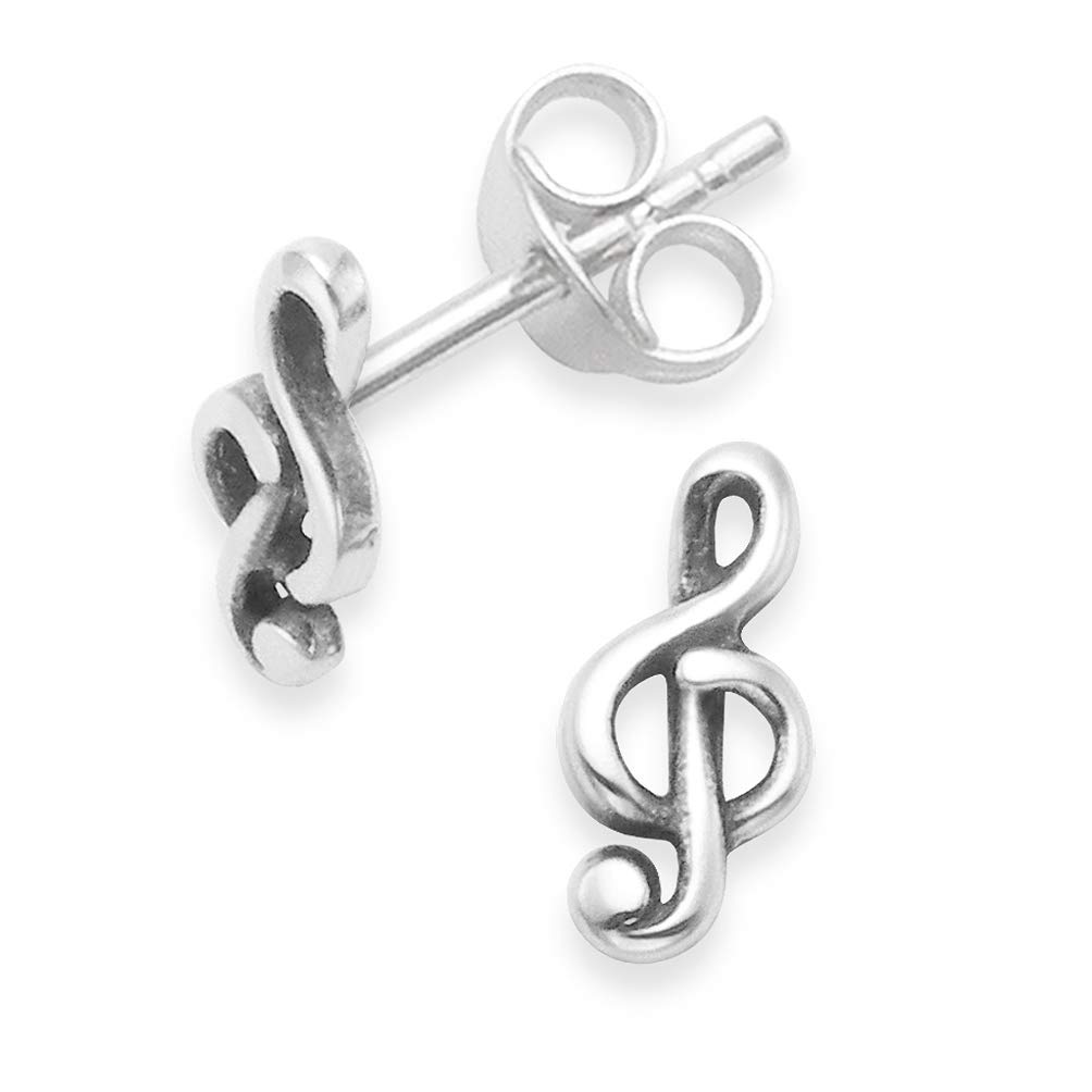 Sterling Silver Treble Clef Earrings - Music Stud Earrings - SIZE: 9.5mm x 4.5mm x 1mm thick. 5215. Gift Boxed