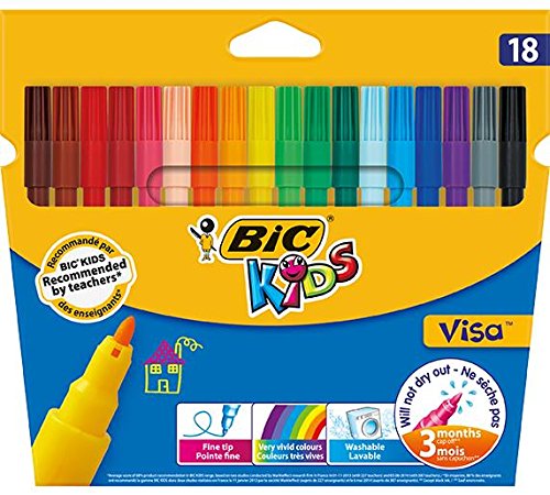 BIC Lot de 6 Etuis de 18 feutres de coloriage KIDS VISA Pte fine bloquée 18 Couleurs