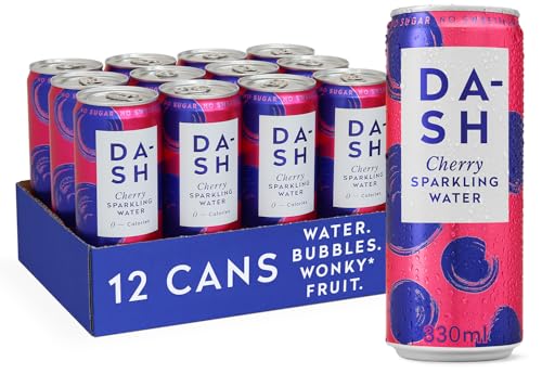 DASH Water Cherry - 12 x Cherry Flavoured Sparkling Spring Water - NO Sugar NO Sweetener NO Calories - Infused with Wonky Fruit (12 x 330ml cans)