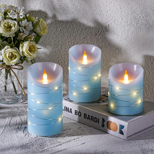 Image of Rechargeable LED Candles, Real Wax, 4 5 6 in, Sky Blue, 3 Pack | USB Rechargeable Real Wax Candles with Remote, Timer and Star Lights