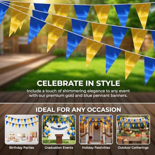 Image of 130FT Navy-Blue Gold Triangle Pennant Banner Flag Metallic Fabric Bunting Garland for Christmas Graduation Retirement Birthday Wedding Bridal Shower Nautical Ahoy Achor Party Decorations Supply
