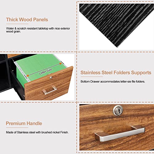 Bonnlo Black & Brown 3 Drawer File Cabinet With Lock, Wood Lateral File Cabinets For Home Office, Printer Stand With File Cabinet, Rolling File Cabinet With Open Shelves, Letter Filing Cabinet, 26" H #TOP2