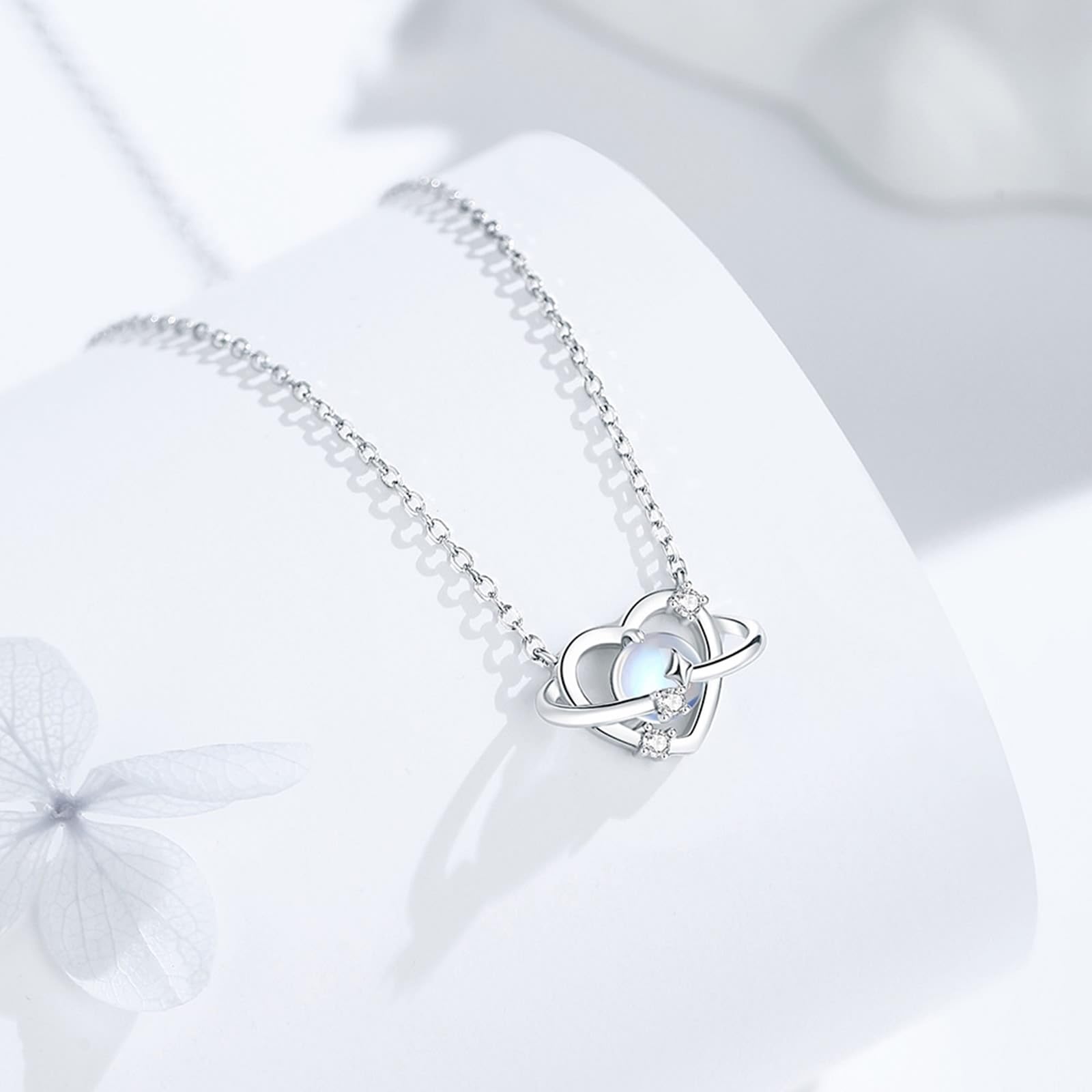 Collana in oro bianco 9 K 375 con pietra di luna, ciondolo a forma di cuore, pianeta e stella, 45 cm