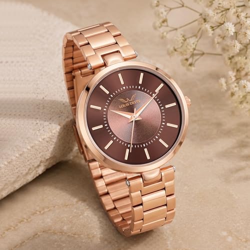 Image of LOUIS DEVIN Rose Gold Plated Metal Chain Analog Wrist Watch for Women (Rose Gold /Brown /Green Dial) | LD-ZL511