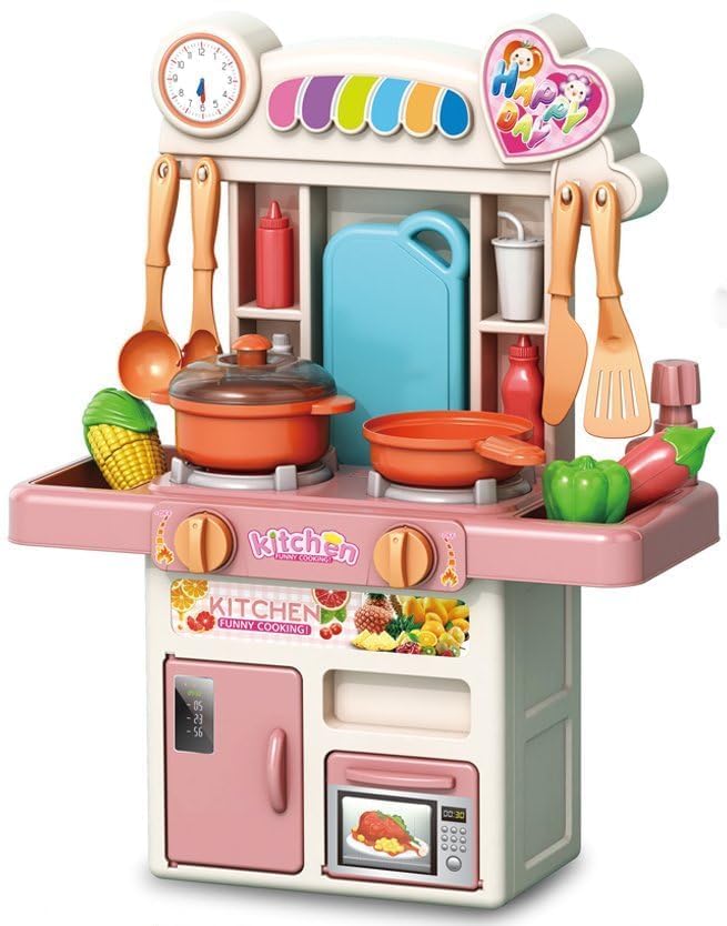 R REVA Mini Kitchen Playset for Kids Ages 3-8 33PCS Compact Tabletop Pretend Play Cooking Set 45cm Tall with Water Circulation Sink Light & Sound Effects Cookware & Food Accessories