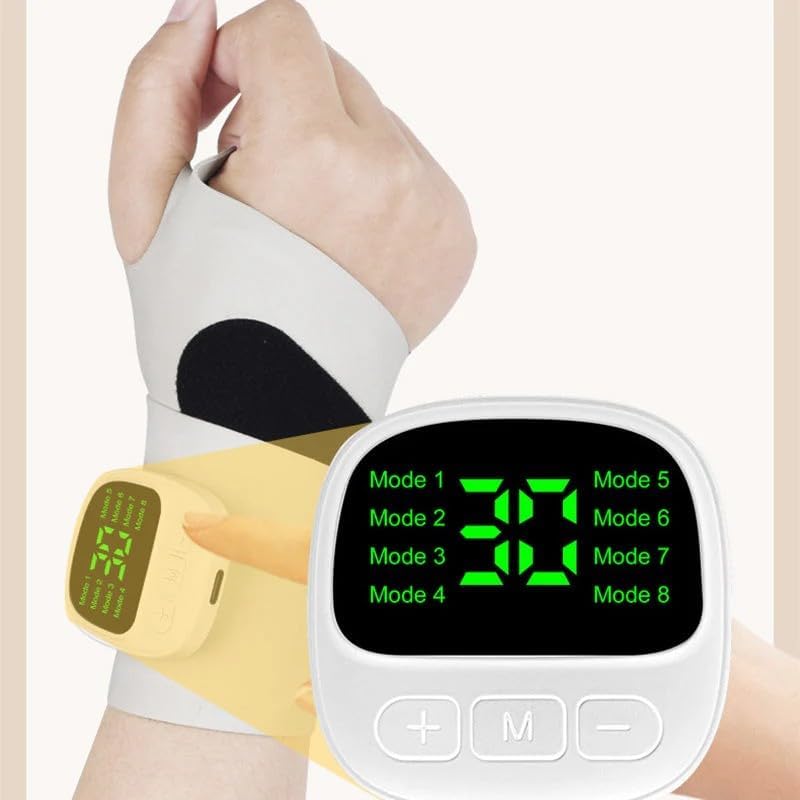 Rechargeable Adjustable Electric Wrist Massager, Ergonomic 360° Support Portable Cordless Hand Heating Pad with 8 Modes, 30 Intensity Levels for Hand Pain Relief, Magnetic Detachable Host (White)
