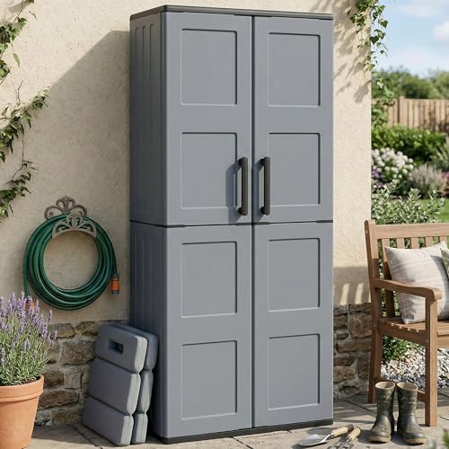 Image of Dmora Clavier Outdoor, Balcony, Multi-Purpose Cabinet with Shelves, 100% Made in Italy, 68 x 37 x 163 cm, Grey and Black, Square Finish