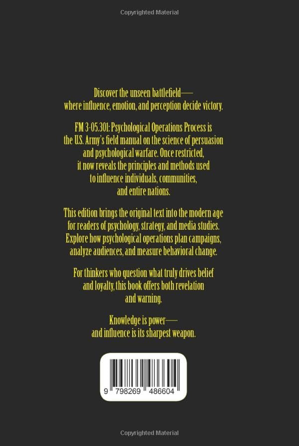 Back cover of FM 3-05.301 Psychological Operations Process manual with summary and ISBN