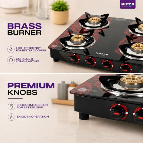 Image of MILTON Premium Red Manual Ignition Glass Top Gas Stove, (ISI Certified) (4 Burner)