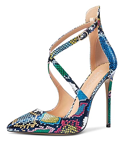NobleOnly Damen Sky High Heels Pumps Fashion Spitze Zehe Stilettos 12CM Heel Mehrfarbig Schlange Schuhe EU39.5