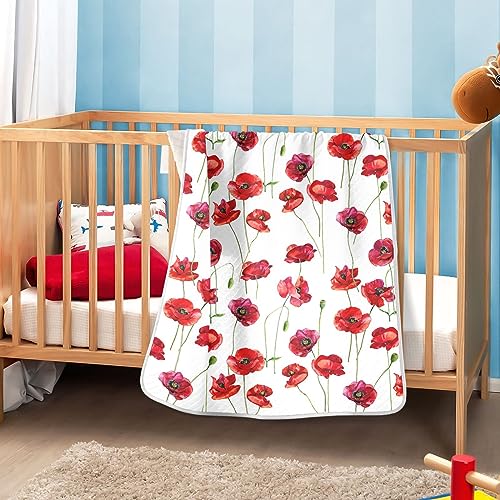 Image of Swaddle Blanket for Red Poppy Flowers Baby Receiving Blanket Muslin Baby Swaddles Soft Cotton Breathable Nursery Blankets for Unisex Boys and Girls 30x40 Inch