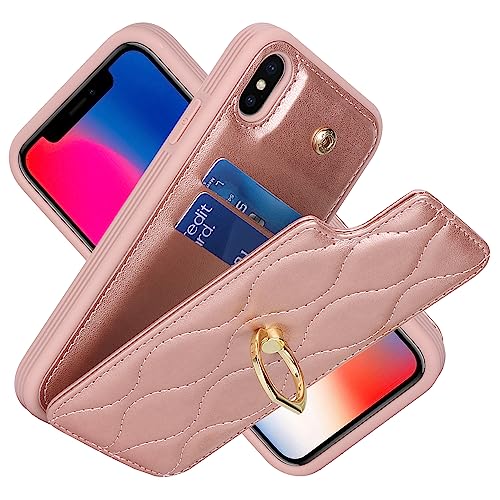 Image of for iPhone X Case with Card Holder,iPhone Xs Wallet Case for Women,Credit Card Holder,Stand Ring Kickstand and RFID Blocking,PU Leather Phone Case for iPhone X /XS 5.8 inch(Rose Gold)