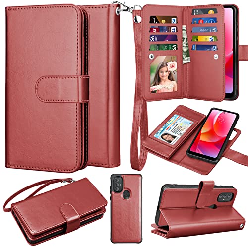 Takfox Moto G Power 2022 Case, for Motorola G Pure Wallet Case, PU Leather w Credit Card Holder Flip Cover [9 Card Slots] [Magnetic Closure] [Kickstand] Folio Detachable Hard Case & Strap [Wine Red]