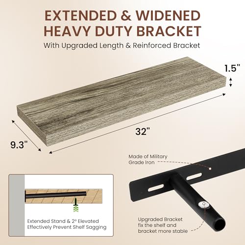 Image of Dreamland 32 Inches Floating Shelves for Wall, 9.3 inch Deep Long Floating Shelves Set of 2, Large Display & Storage Shelf, Wall Shelf for Bathroom Bedroom Living Room Kitchen Office, Grey