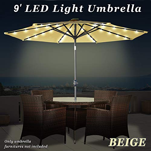 Strong Camel 9' Patio Umbrella Solar LED Lighted Outdoor Table Market Umbrella w/Tilt Adjustment (Beige)