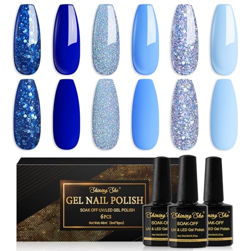 Shining She UV Nagellack Blau,6 Farben Gel Nagellack Himmelblau Königsblau Glitzer farbgel für gelnägel,Soak-Off UV Gel Polish Geeignet für Anfänger Kunst Salon DIY,8ML