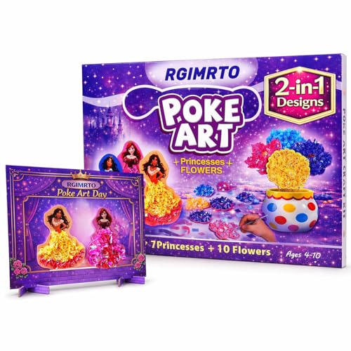 RGIMRTO Poke Art Craft Kit for Kids 2-in-1 7 Princess +10 Flowers Craft Set with Display Board Mess Free Craft Activity Birthday Gift for Girls Ages 4 5 6 7 8 9