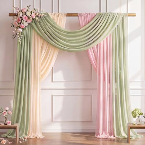 Image of Pink Sage Green Party Decoration Draping Fabric 3 Panels 2.46 x 20ft Sheer Chiffon Backdrop in Pink, Green, and Champagne for Wedding Arch Ceremony, Birthday, Bridal Shower Party Decoration