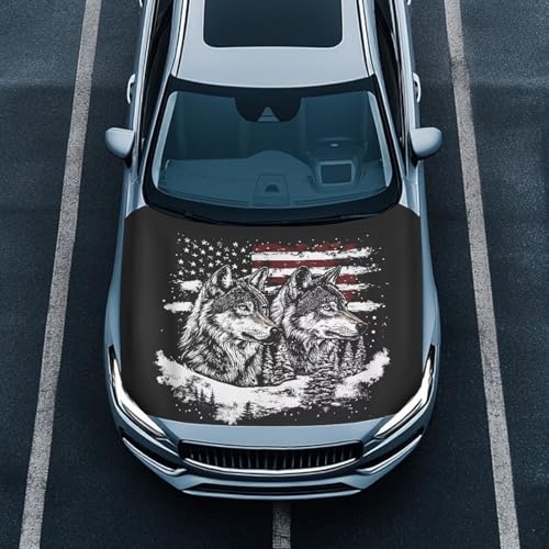 Image of American Flag Gray Wolf Print Car Hood Cover Stretch Polyester Protector for Car Hood Snowproof Automotive Accessories for Most Auto Sedans Trucks Pickup SUVs