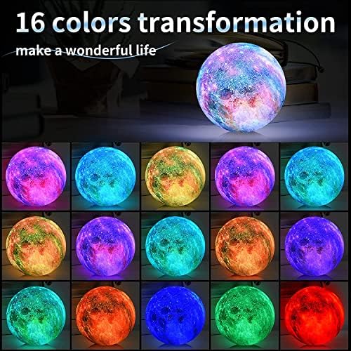 Nestling Moon Lamp, 16 Colors LED 3D Print Star Moon Light Kids Night Light Galaxy Lamp Table Lamp with Wooden Holder Portable USB Charging Moonlight Gift (15 cm)