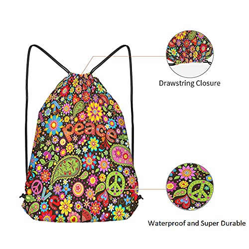 Beabes Peace Drawstring Bags Backpack Bag Sign Symbol Love Hippie Colorful Floral Butterfly Paisley Heart Leaf Sport Gym Sack Drawstring Bag String Bag Yoga Bag For Men Women #TOP4