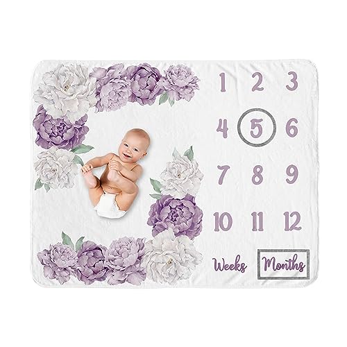 Image of Sweet Jojo Designs Lavender Purple Boho Shabby Chic Floral Girl Baby Milestone Blanket Newborn Monthly First Year Photo Growth Chart Infant Memory Gift Set Violet Ivory Bohemian Vintage Watercolor