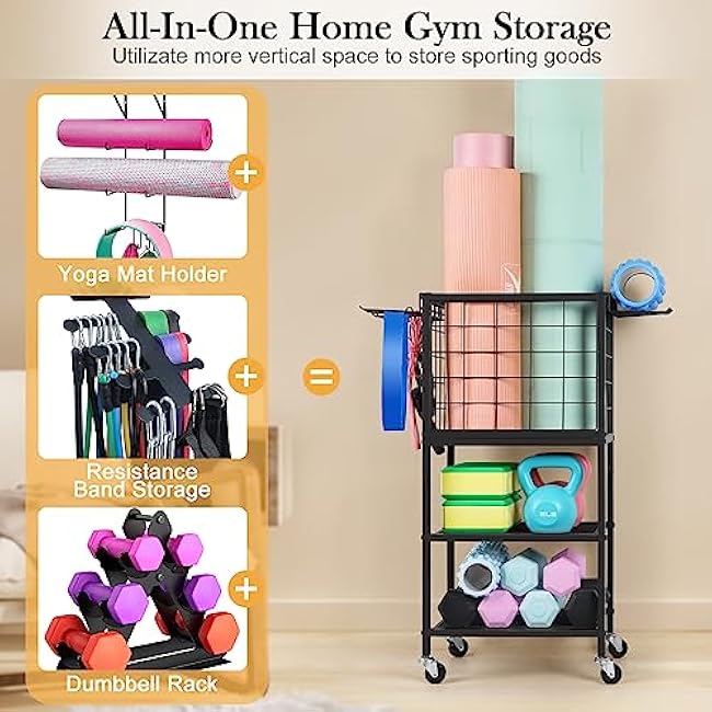 Weight Rack for Home Gym Dumbbells Yoga Mat Storage Rack Cart Small Metal Wood Home Gym Workout Equipment Storage with Hooks for Yoga Block Foam Rollers Resistance Bands
