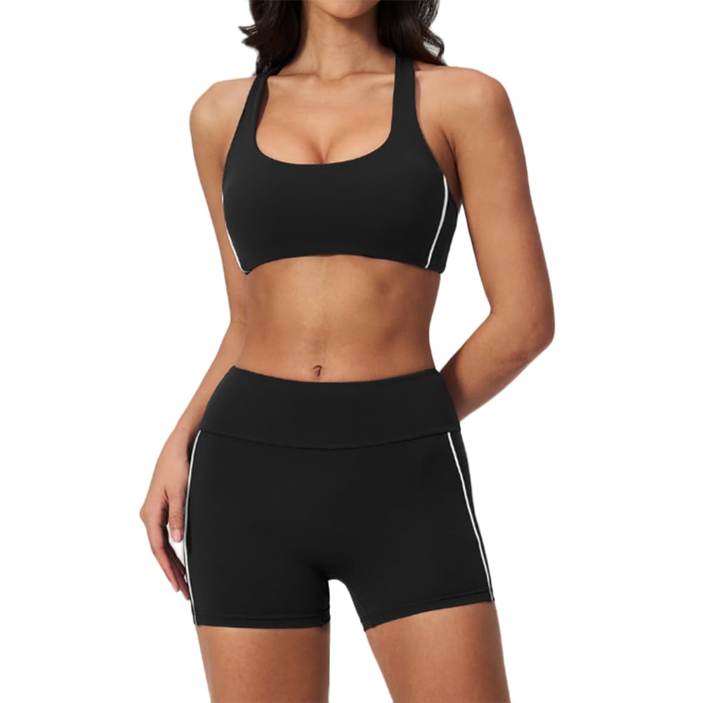 XYFfybhsd Women's Sports Bra & High Waist Shorts Outfit for Gym, Running & Outdoor Sports(Size:M,Color:Black White)