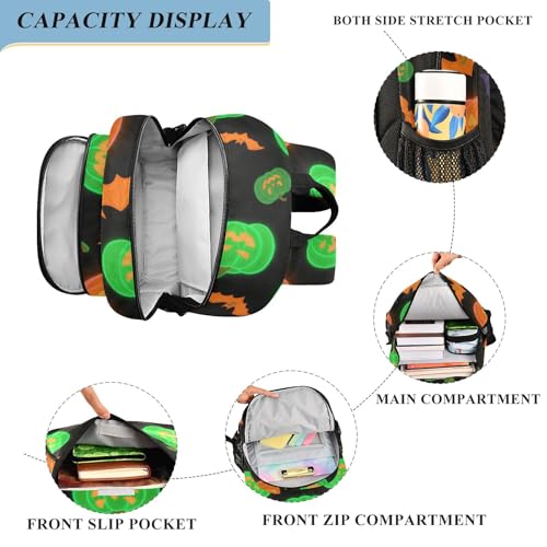 personalized kids backpacks for girls 8-12： lightweight book bags for teen in assorted colors - Light Up Pumpkin Bat Green Orange4