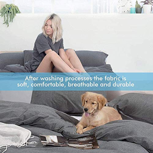 Atsense Duvet Cover Queen Size, 100% Washed Cotton Linen Feel Super Soft Comfortable, 3-Piece Dark Grey Duvet Cover Bedding Set, Durable And Easy Care, Simple Style Farmhouse Comforter Cover #TOP2