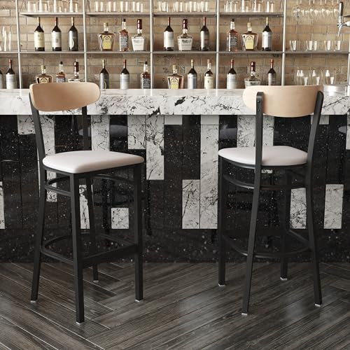 Image of Flash Furniture Wright Commercial Barstool - Natural Birch Finish Wood Boomerang Back - Gray Vinyl Seat - 500 LB. Capacity Black Steel Frame - Integrated Footrest