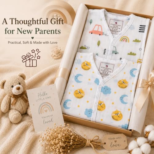 Image of StarAndDaisy Baby Sleeveless Muslin Jabla Vest Pack of 2 | Cotton Muslin Front Open Snap Button Baby Vest | Lightweight Breathable Clothing for Newborn Baby Boys & Girls