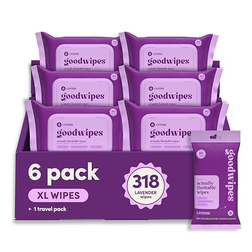 goodwipes Flushable Wipes for Adults - Lavender Butt Wipes for Women & Men Septic Safe Toilet & Bathroom Essentials Extra Large 318 Count (6 Packs and 1 Travel Pack)