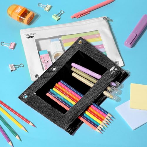 Image of Mr. Pen- Pencil Pouch for 3 Ring Binder, 2 Pack, 10 inchx6.75 inch, Smooth Zipper | Clear Window, Large Capacity Pencil Case with 3 Reinforced Grommets for School, Office, Supplies Storage | Clear Window, Large Capacity Pencil Case with 3 Reinforced Grommets for School, Office, Supplies Storage