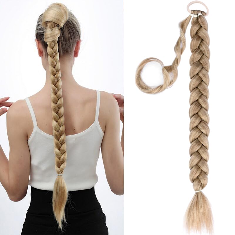 Gledola Long Braided Ponytail Extension 30 Inch Pre stretched Braiding Hair Extensions DIY Braid Ponytail Synthetic Hair Piece (Light Ash Blonde