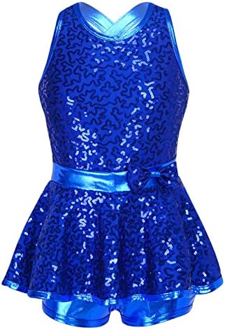 JEATHA Kids Girls Shiny Sequins Cutout X-Back Bowknot Ballet Jazz Latin Dress Gymnastic Costume Leotard Dancewear Royal Blue 6