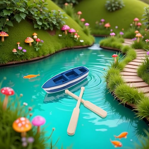 Mini Rowboat Mini Tiny Wooden Boat with Oars for Fairy Garden Kits for DIY Fairy Garden Dollhouse Decoration, Canoe Model Figurines Miniature Dollhouse Boat with Oars Accessories