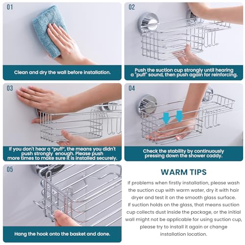 Image of TAILI Shower Caddy Suction Cup 2 Pack with Hooks and Soap Holder, Silver | Heavy Duty Shower Organizer, No Drilling Bathroom Suction Shelves, Wall Shower Caddy